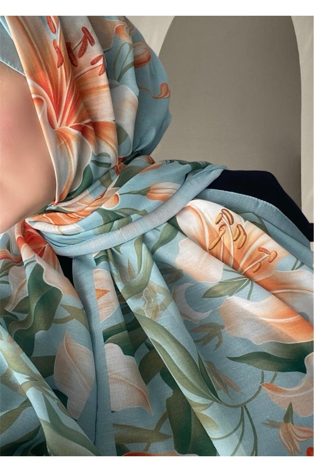 Rose Pattern Turquoise Soft Shawl - 6