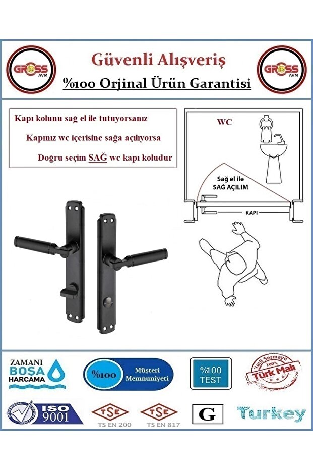 Parçalı Wc Banyo Kapı Kolu - Mat Siyah - 1 Takım Ön ve Arka - Sağ - 1