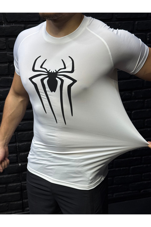 Compression T-Shirt Fit Sport Men's Tight T-Shirt Short Sleeve White Spiderman Printed