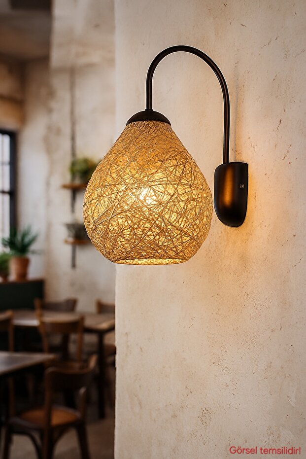 Etna Decorative Jute Wicker Black Metal Body Modern Wall Sconce Indoor