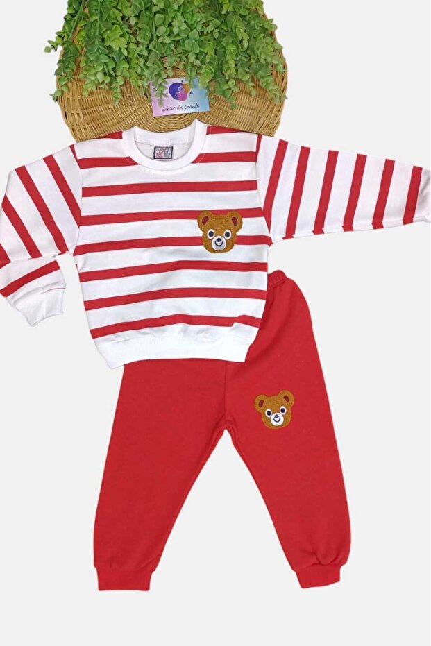 1-9 Years Old Children's Set with Teddy Bear Embroidery, 2-Threaded, Seasonal, Top and Bottom, Double Unisex, Side Stripes