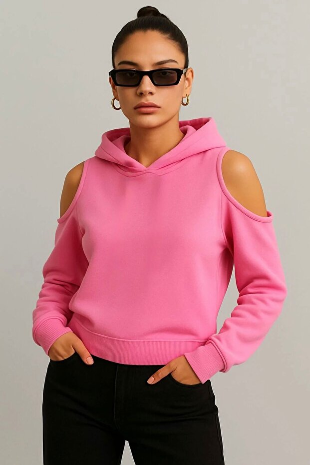 Women's Open Shoulder Detailed Hooded Sweatshirt