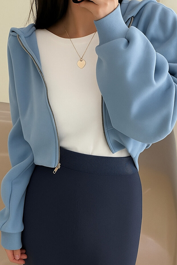 Blue Zippered Crop Sweatshirt Cardigan