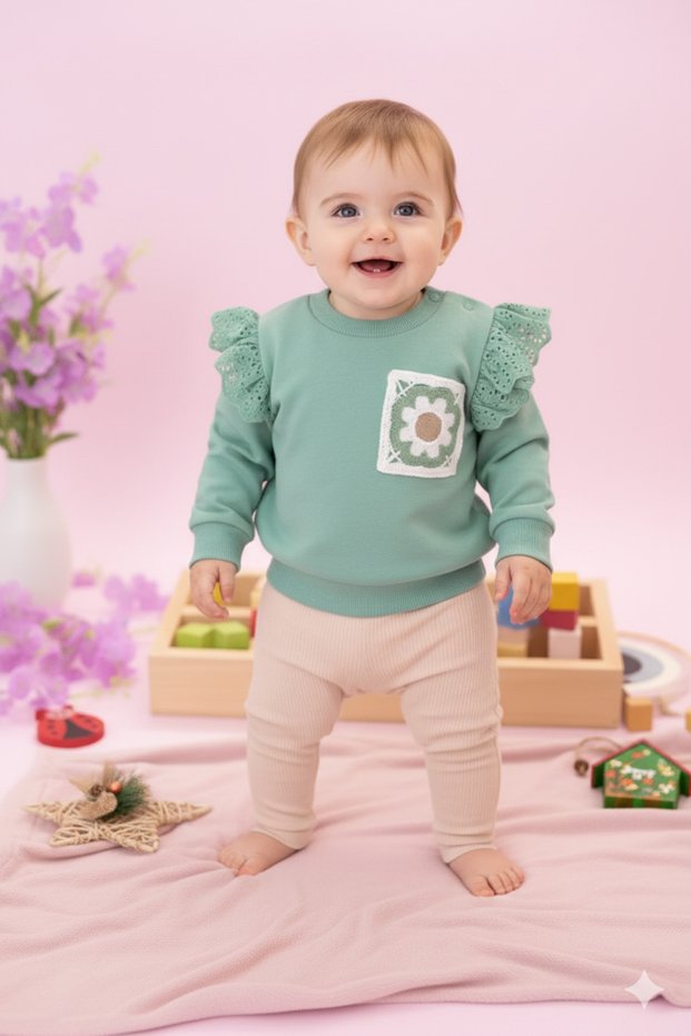Girl baby daisy embroidery detailled, gathered shoulder 6-9-12-18-24 months top and bottom double set