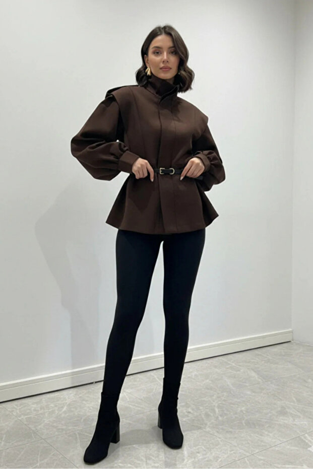 Special Design Flared Belted Hidden Button Detailed Jacket - Lined