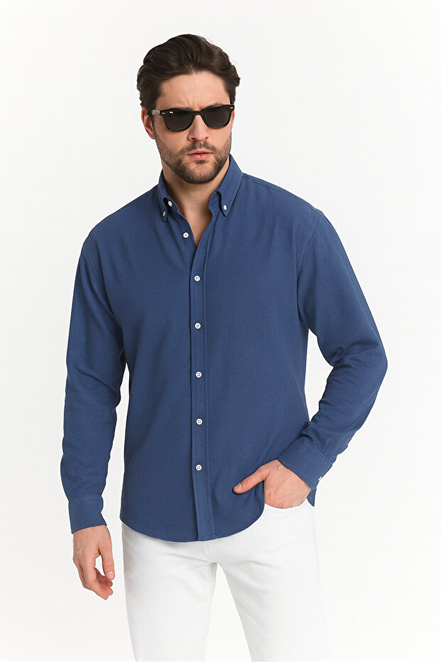 Cămașă oversize cu textura bleumarin - 4