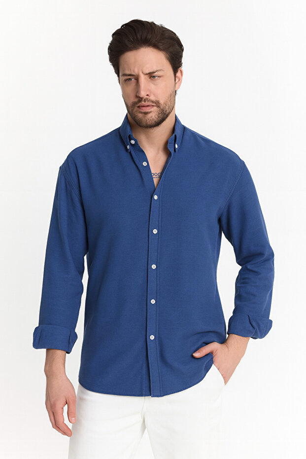 Cămașă oversize cu textura bleumarin - 2