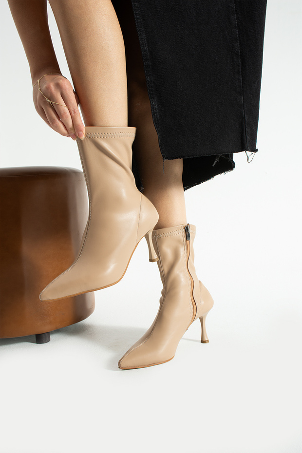 Kadın Nut Streç Cilt Bot 7cm - Sivri Burun Yandan Fermuarlı İnce Topuklu Sock Boot - 4