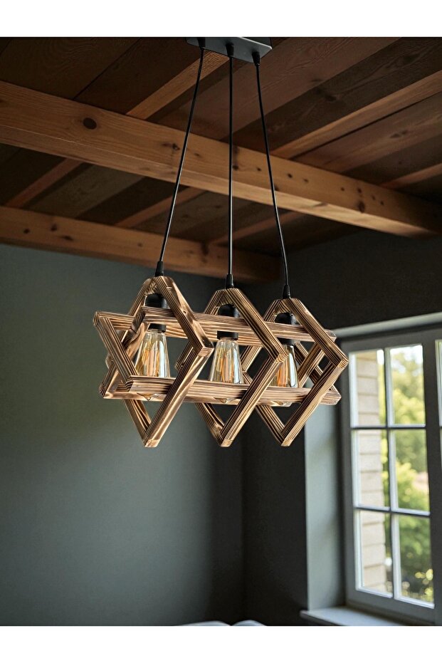 Retro Rustik 3'lü Ahşap Avize - 1