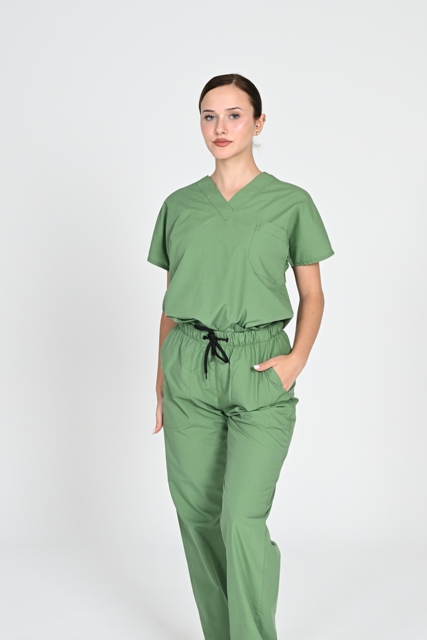 A.Green Terikoton Bat Sleeve Unisex Nurse Uniform and Doctor Uniform Set Hospital Uniform