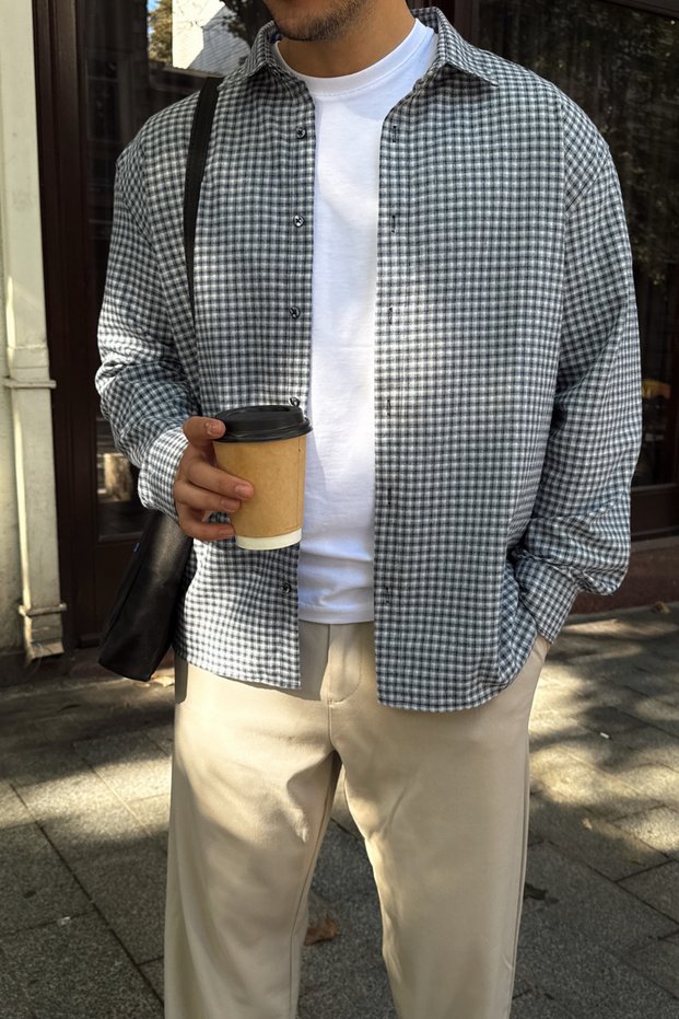 Yuan Oversize Fit 100% Cotton Men's Light Blue Plaid Shirt