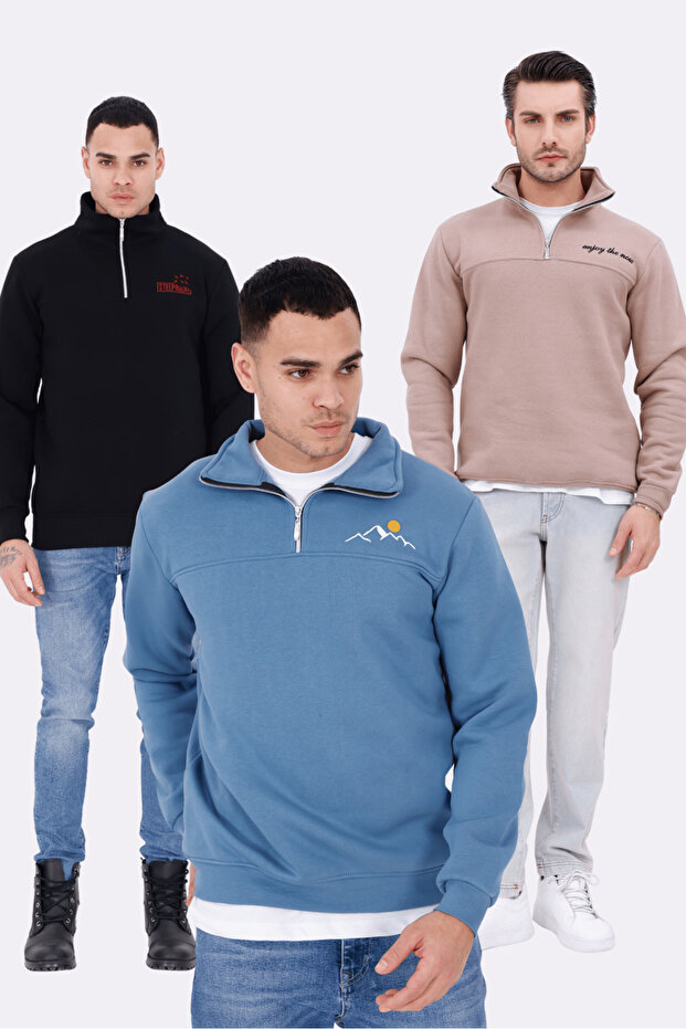 3-Pack Men's Half-Zip Relaxed Fleece-Lined Cotton Stand-Up Collar Sweatshirt Black, Blue, Brown