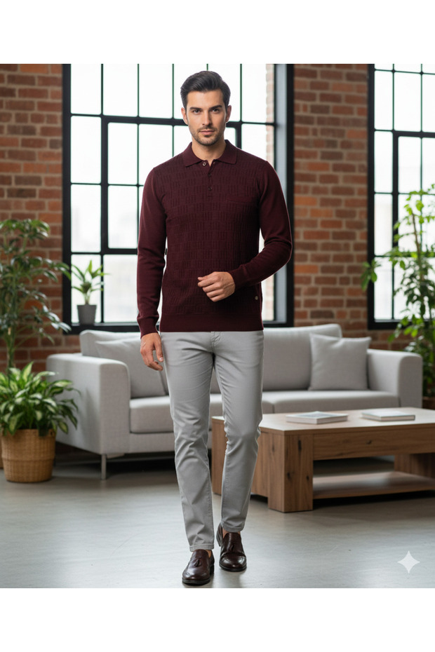 Polo Collar Pocketed Steel Knit Men's Sweater