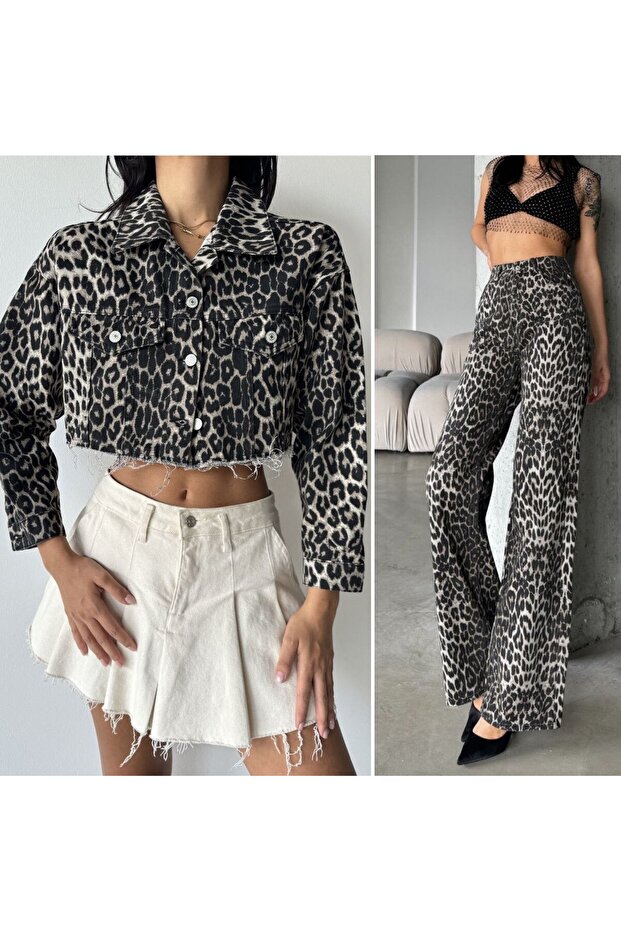 Women's Denim Short Jacket Leopard