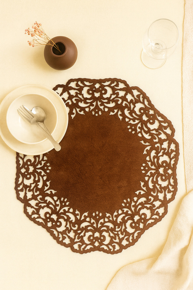 Red Brown Suede Fabric Round Placemat American Service Set 6 Pieces 35x35cm