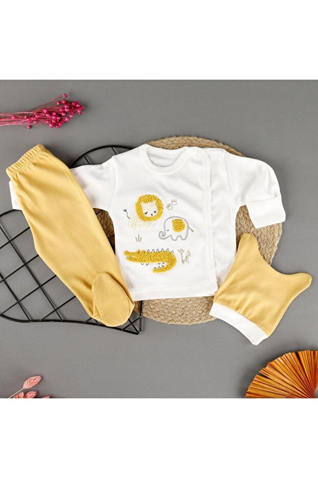 Pamuklu Aslan Nakışlı 3'Lü Zıbın Erkek Set - 7