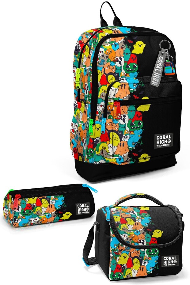 Black Cartoon Patterned 3-Piece School Bag Set Elementary School Bag Set