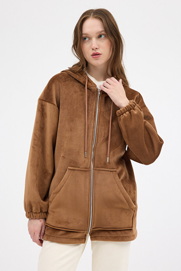 3057A Jachetă de pluș cu fermoar, maro - 1