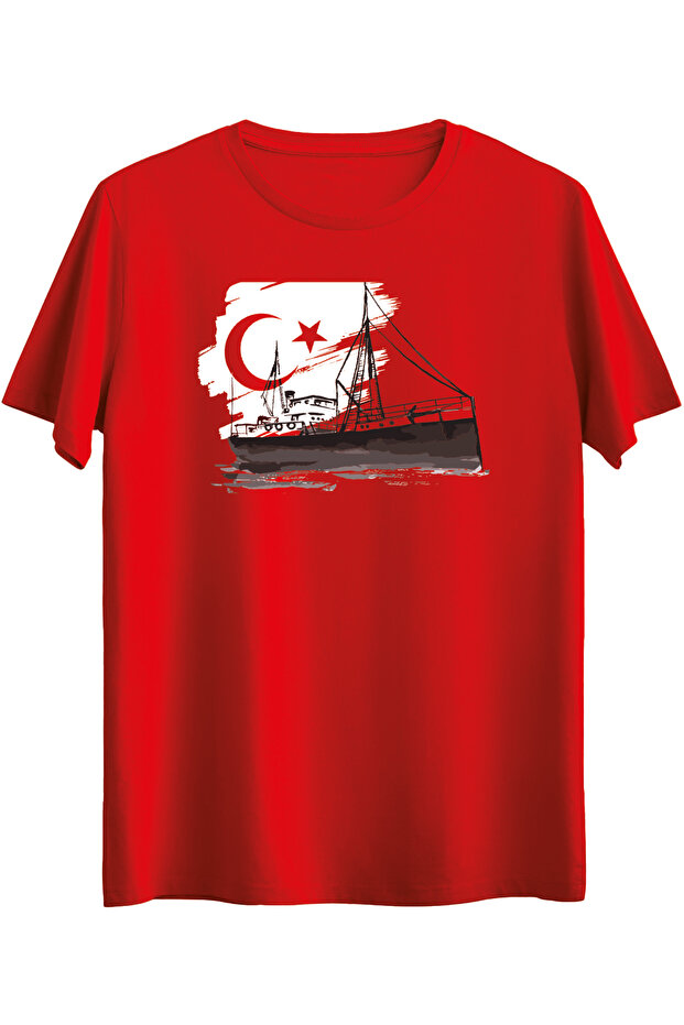 Cotton Lu Kırmızı 19 May 29 October Bandırma Vapuru Printed Crew Neck Short Sleeve T-Shirt