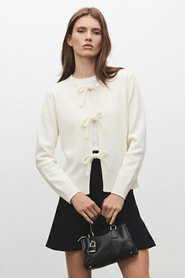 EazyStudio+ Kadın Ebru Basic Kurdele Bağlamalı Triko Hırka - 1