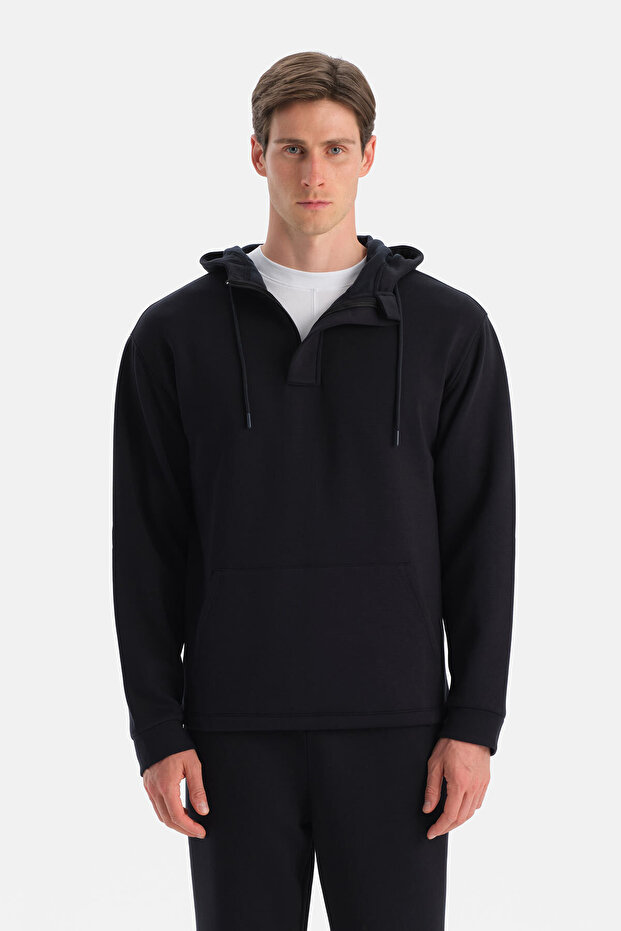 Siyah Erkek Kapüşonlu Modal Sweatshirt - 1