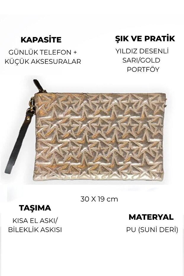 Yıldız Desenli Sarı Portföy Çanta - 4