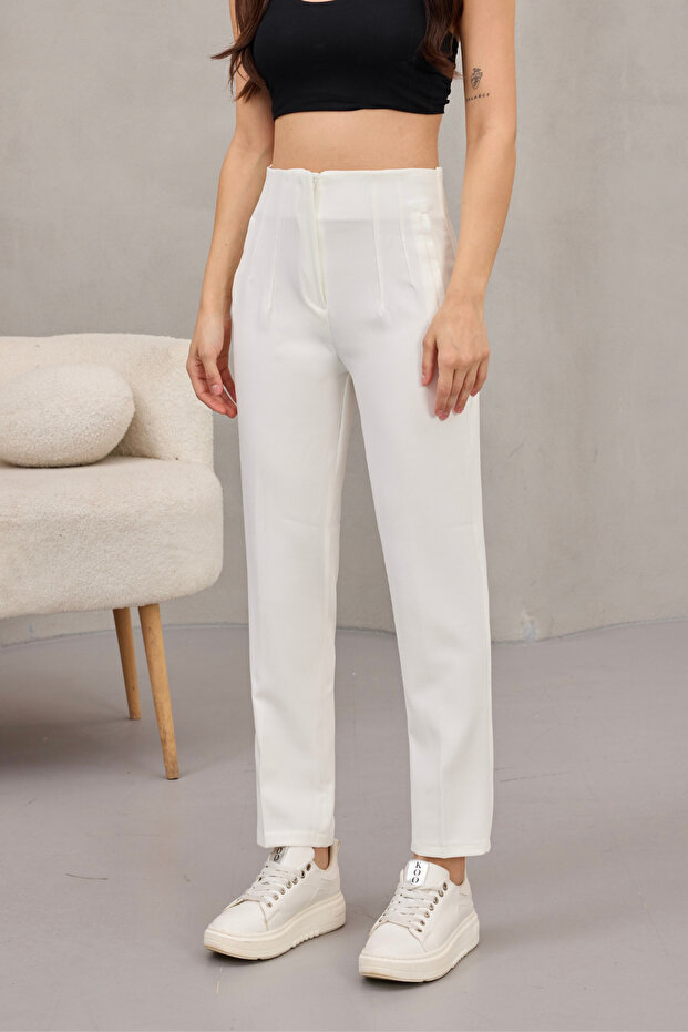 Women's High-Waisted Darted Fabric Trousers