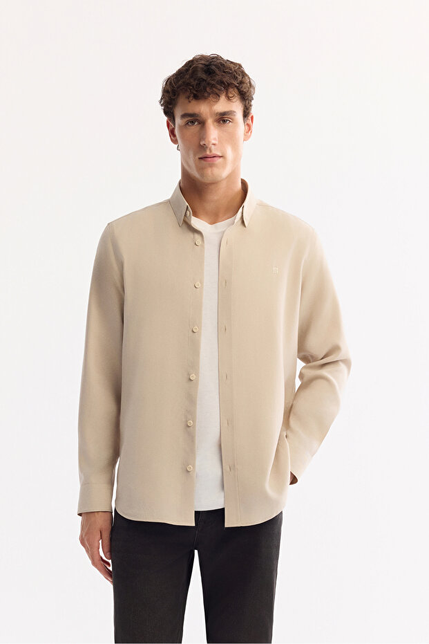 Erkek Bej Düğmeli Yaka Soft Touch Regular Fit Gömlek A52Y2061 - 1