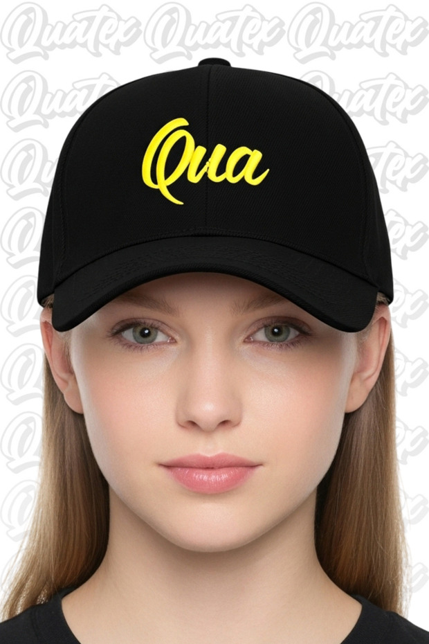 Qua Embroidered Hat – Black 100% Cotton Gabardine Unisex Model