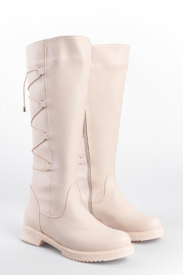 Térd alatti hátsó fűzős - oldalsó cipzáras női csizma - 2