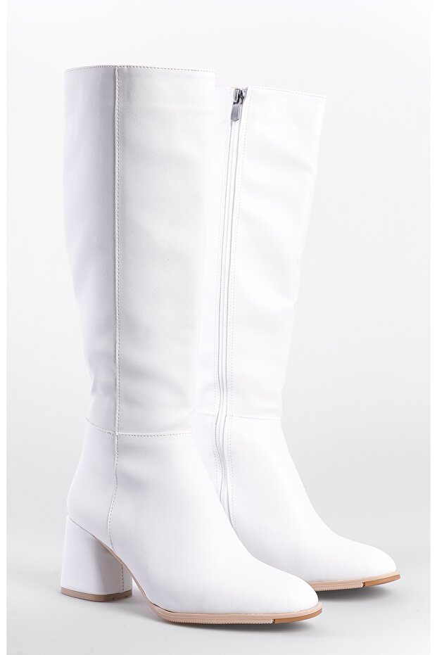 Ovális orrú oldalsó cipzáras fehér sarkú női csizma - 6