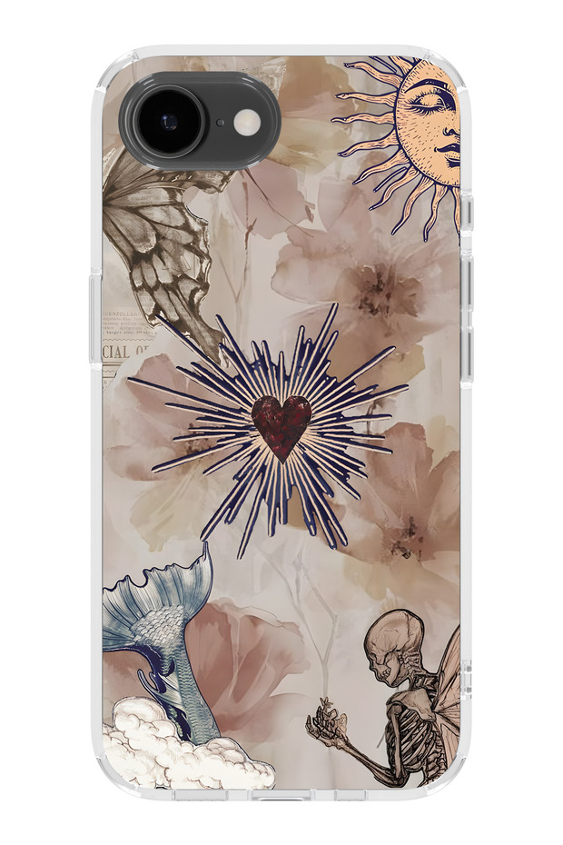 iPhone 17E Compatible Heart and Butterfly Collage Patterned Transparent Phone Case