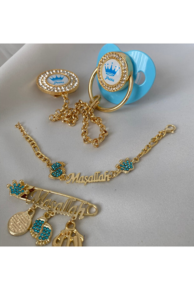 Gold Plated Zircon Stone Pacifier Set - Mashallah Needle & Baby Tag Included