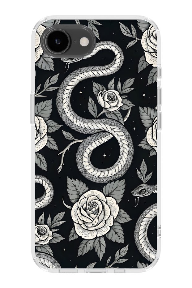 iPhone 17E Compatible Black Rose and Snake Patterned Transparent Phone Case