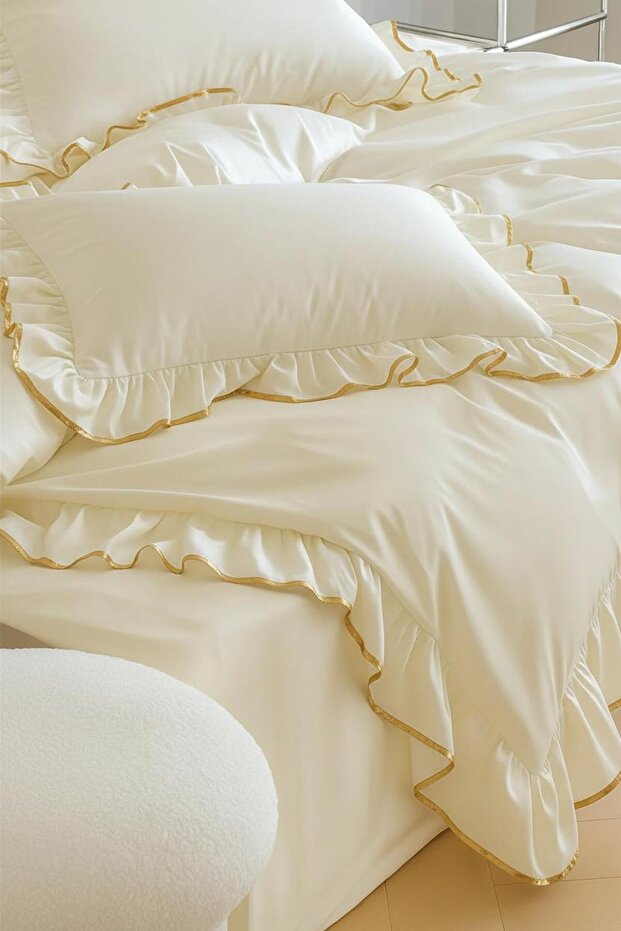 Gold Embellished 100% Cotton Ruffled Double Duvet Cover Set