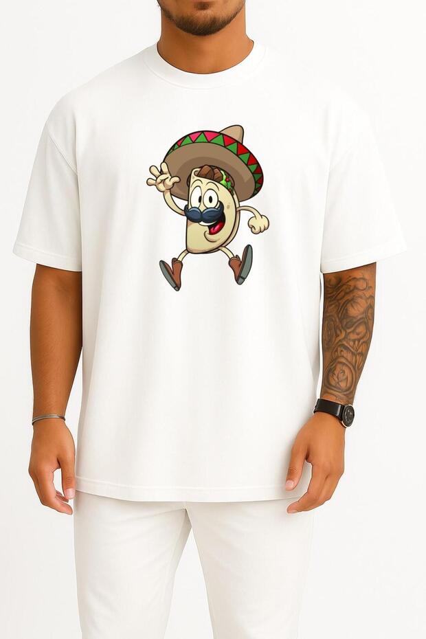 Oversize Taco Mexican Cuisine Cartoon Chest Design Unisex T-Shirt