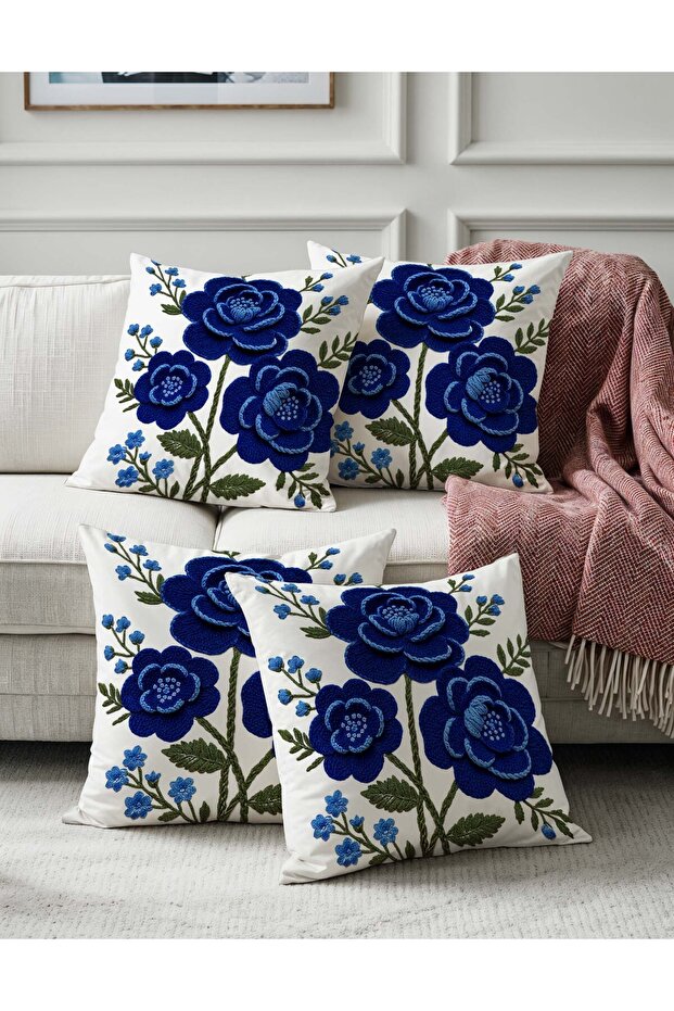 3D Embroidery Look Navy Blue Flower Patterned Digital Printed Set of 4 Decorative Throw Pillow Cases