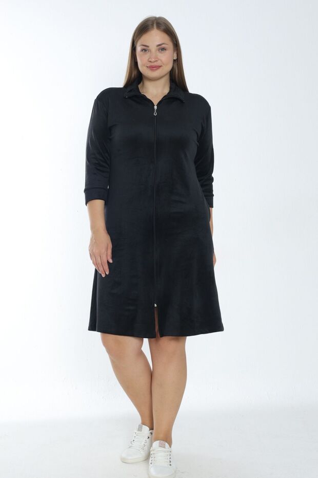 Women's Black Three-Quarter Sleeve Soft Fleece Plus Size Dress with Zipper Pockets