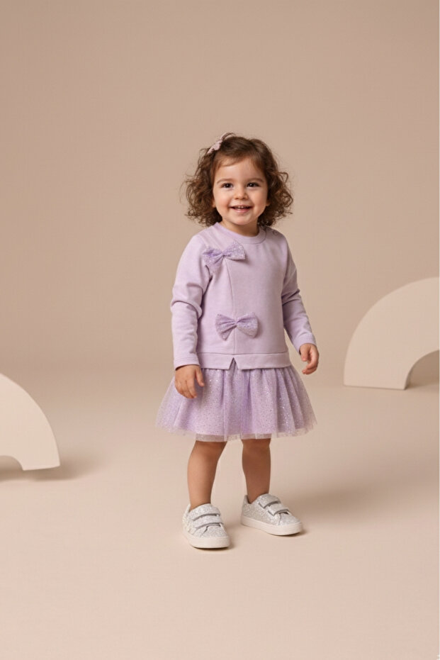 Seasonal Long Sleeve 100% Cotton Lined Baby Girl Tulle Dress Light Lilac