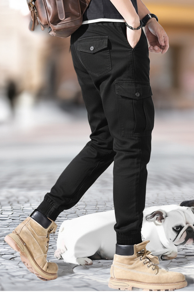Men's Denim Cargo Pants - Black, Lycra, Elastic Waist, Zipper - Men's Denim Pants