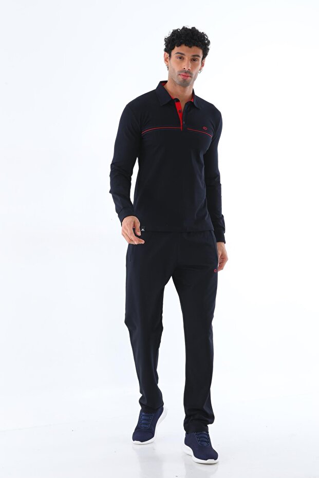 Men's Two Thread Fabric Navy Blue Polo Neck Long Sleeve Sweatshirt Tracksuit Set - 7628