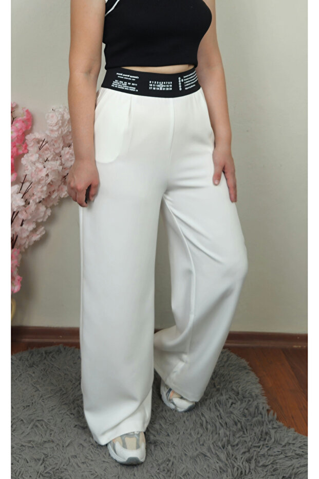 White Imported Fabric Palazzo Pants with Elastic Waist and Zipper