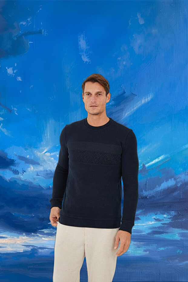 Men's Crew Neck Patterned Long Basic Sweatshirt Navy - 6