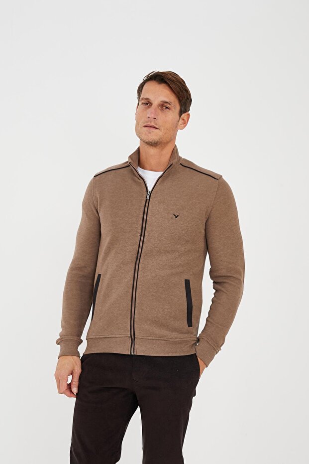 Erkek PeakLayer Fermuarlı Cepli Basic Kışlık Vizon Sweatshirt - 1