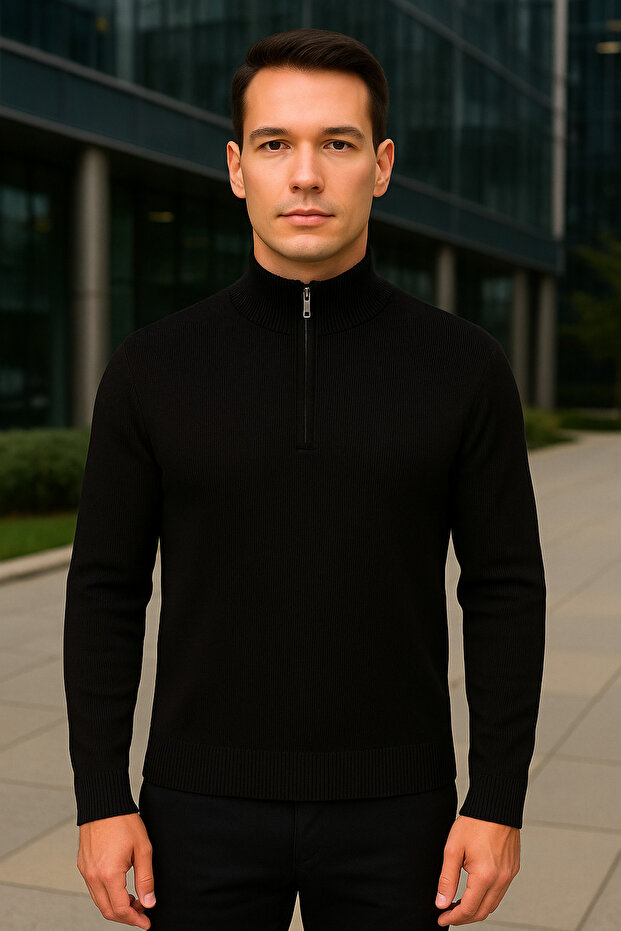 Men's High Neck Zippered Black Sweatshirt Knitwear Sweater