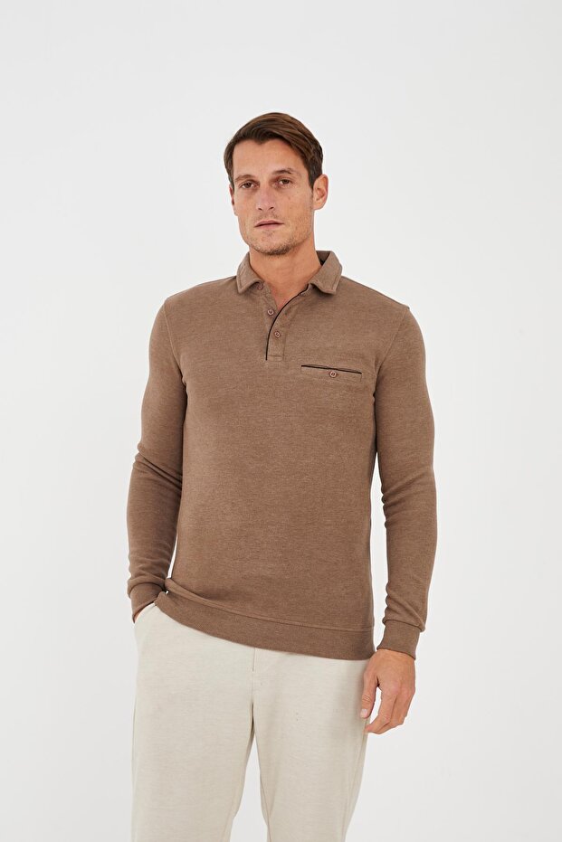 Men's Timeless Pocket Basic Long Plain Mink Polo Neck T-Shirt