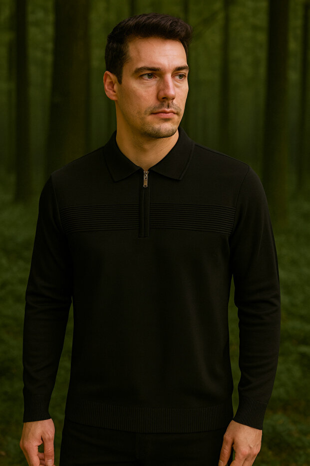 Men's Striped Zippered Polo Neck Black Winter Sweater