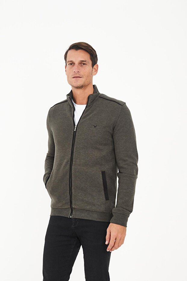 Erkek PeakLayer Fermuarlı Cepli Basic Kışlık Haki Sweatshirt - 2
