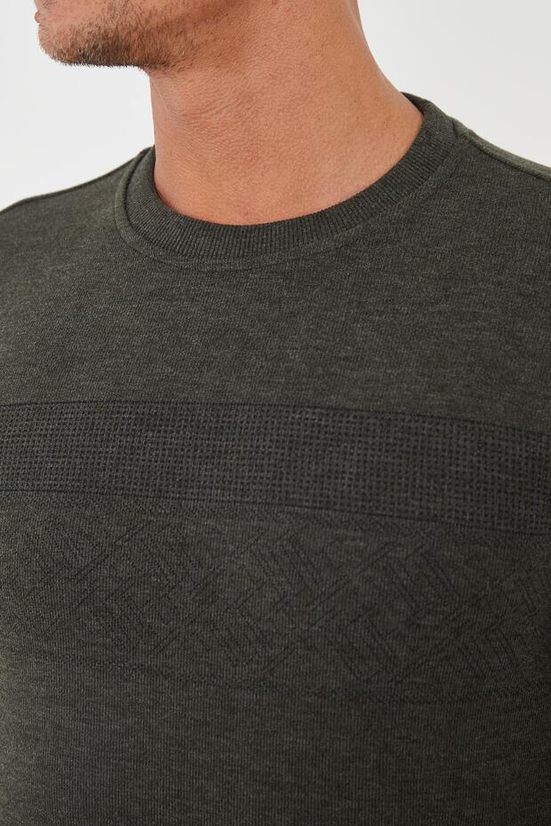 Men's Crew Neck Patterned Long Basic Sweatshirt Khaki - 4