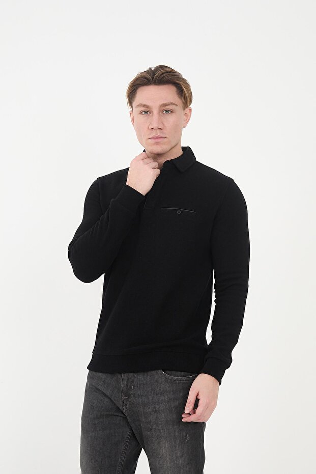 Men's Timeless Pocket Basic Long Solid Black Polo Neck T-Shirt